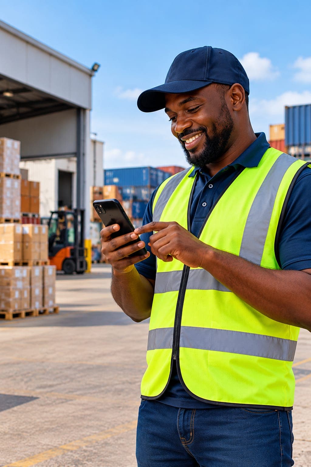 Smiling driver in a hi-vis vest checking loads on a phone at a depot